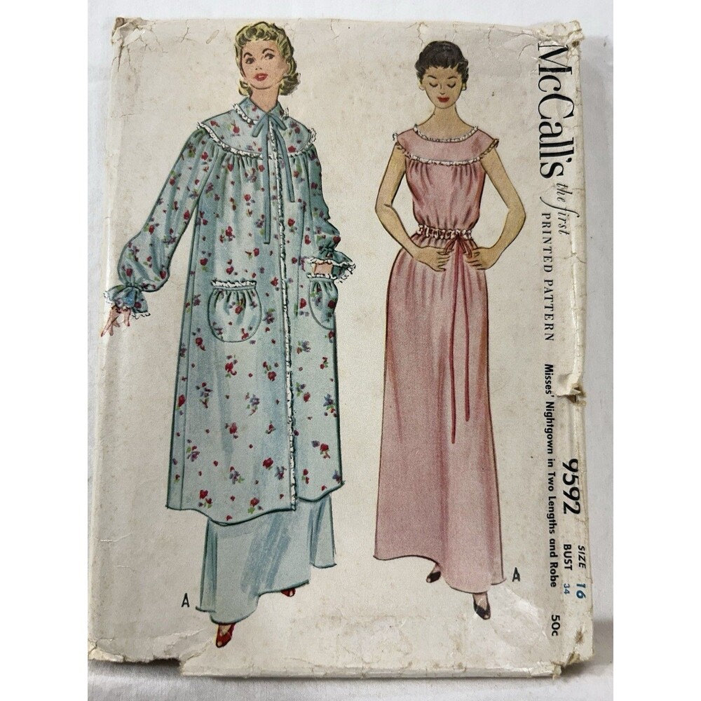 McCall 9592 Vintage 1953 Nightgown size 16 Bust 34" Cut